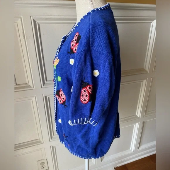VTG MANDAL BAY XXL LADYBUG FLOWER SEQUIN CARDIGAN SWEATER - Picture 4 of 6